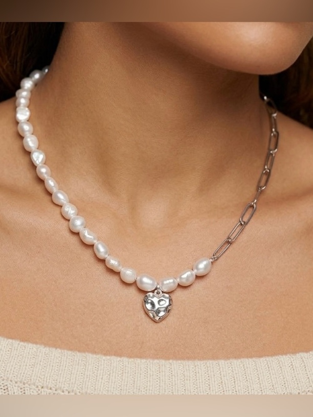 Sterling Silver & White Pearl Heart Necklace